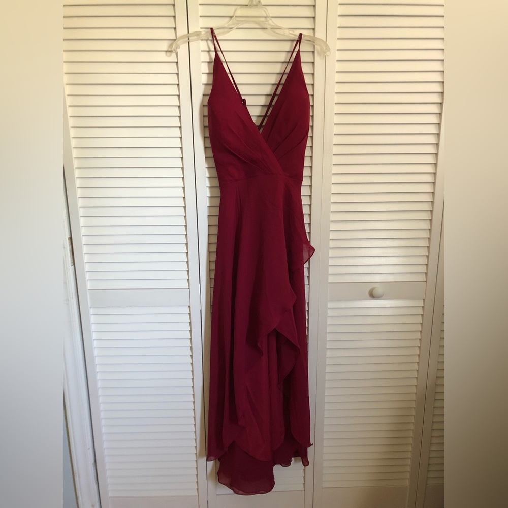 Maroon Chiffon Prom Dress V-Neck w/Leg Slit